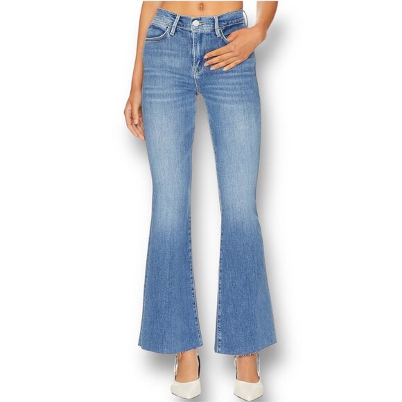 Frame Le Easy Flare Jeans Blue Drizzle Raw Hem High Rise Denim Womens Size 32 - Picture 1 of 15